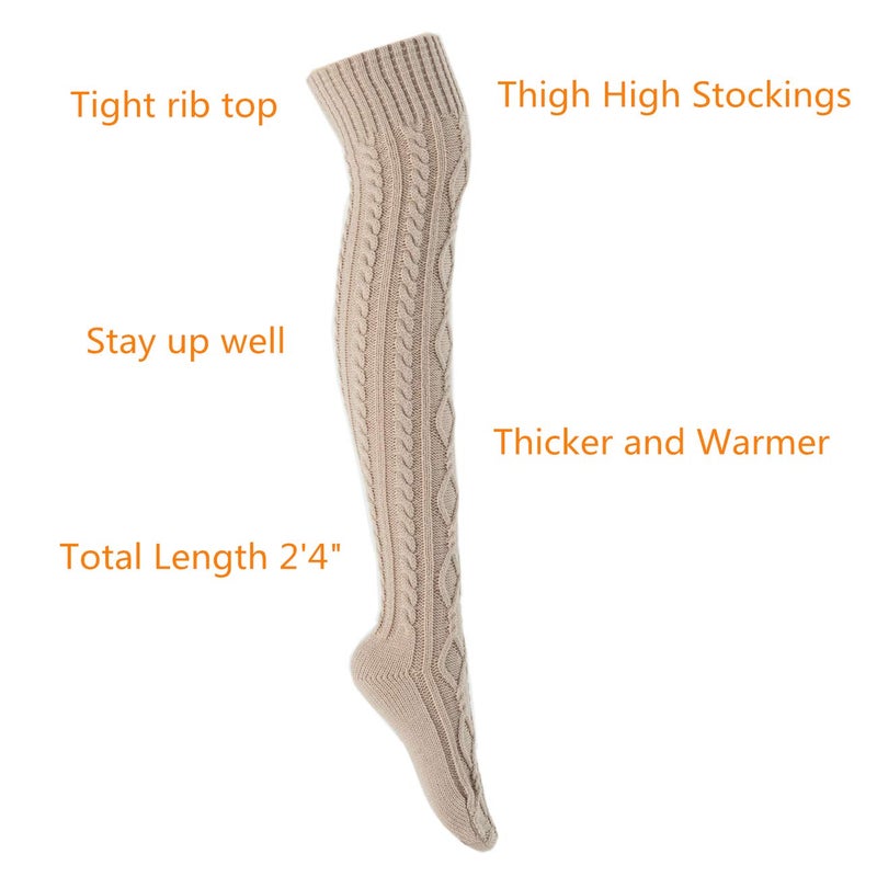 SherryDC Women's Cable Knit Boot Stockings Extra Long Thigh High Leg Warmers Winter Floor Socks Beige - Image 2
